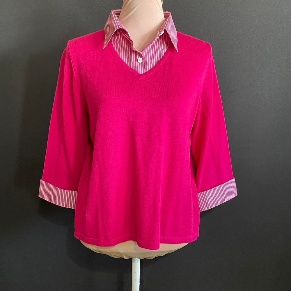 Allison Daley Sweater Petite PM Pink Layered Look V-Neck 3/4 Sleeve Striped